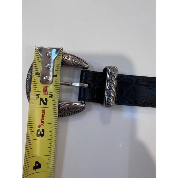 Vintage Omega Western Leather Belt Black Embossed Silver Buckle USA Large main image 7
